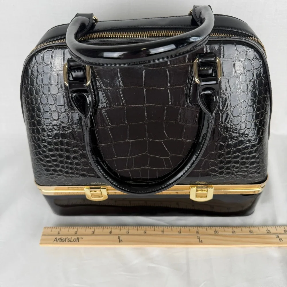 Black Patent Croc Embossed Satchel Handbag Gold Hardware Dual Compartment Bag